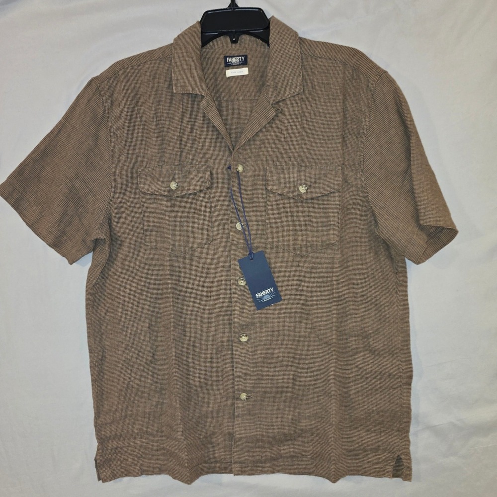 Faherty Reserve Basque Camp Shirt M Mens Dark Oakwood Pincheck Linen MWS2541